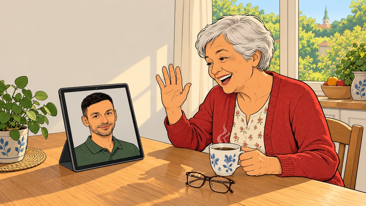 Gezeichnet: Eine ältere Frau sitzt mit einer Tasse am Küchentisch und winkt lachend in ein Tablet, auf dem Richard Grimm zu sehen ist.