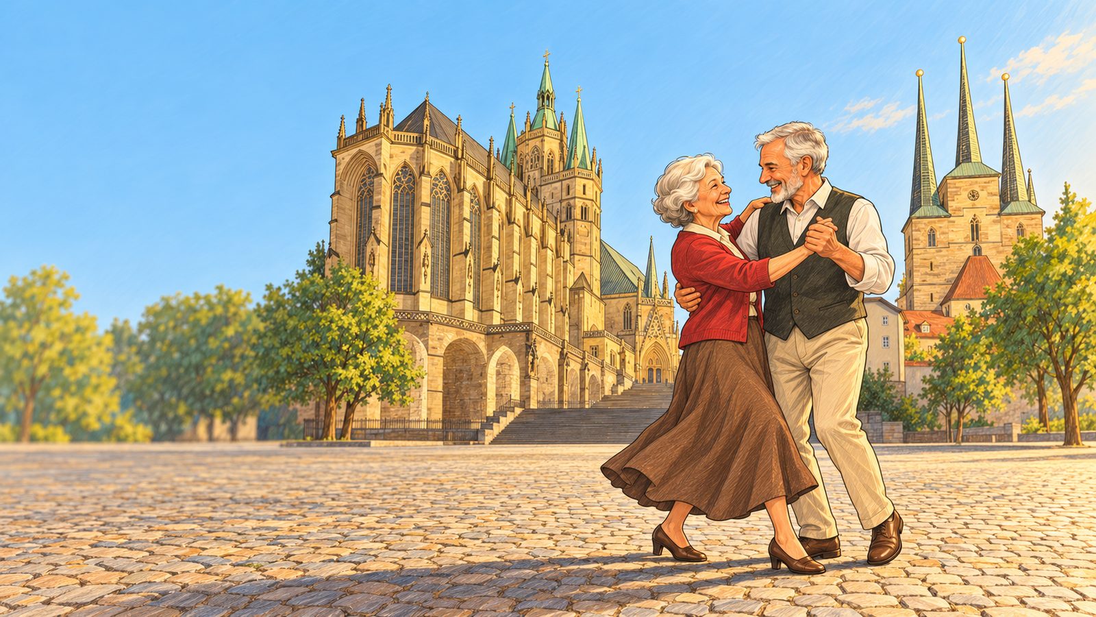 Gezeichnet: Ein älteres Paar tanzt fröhlich auf dem Erfurter Domplatz, hinten Dom und Severikirche in der Sonne.