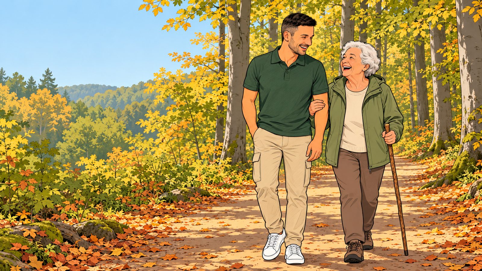 Gezeichnet: Eine ältere Frau mit Wanderstock und Richard Grimm gehen untergehakt und lachend durch einen herbstlichen Wald.