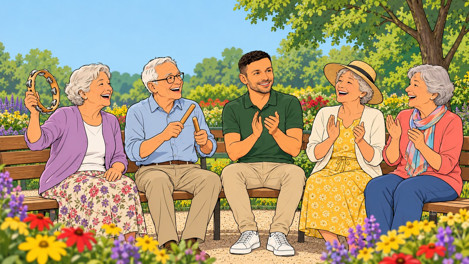 Gezeichnet: Vier ältere Menschen sitzen auf einer Parkbank zwischen Blumen, lachen und singen, eine Frau schwingt ein Tamburin, ein Mann schlägt Klanghölzer, Richard Grimm klatscht mit.