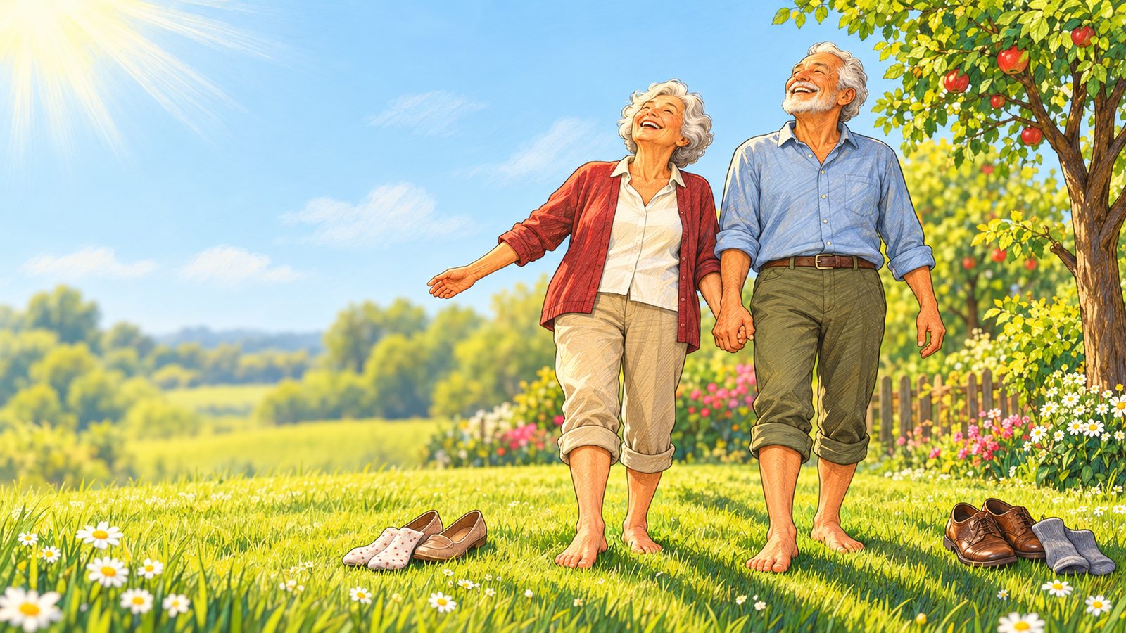 Gezeichnet: Ein älteres Paar steht Hand in Hand barfuß auf einer sonnigen Wiese, die Schuhe stehen daneben im Gras.