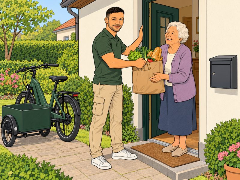 Gezeichnet: Richard Grimm reicht einer älteren Frau an ihrer Haustür eine Einkaufstüte mit Gemüse und Brot, im Hof steht ein Fahrrad mit Anhänger.