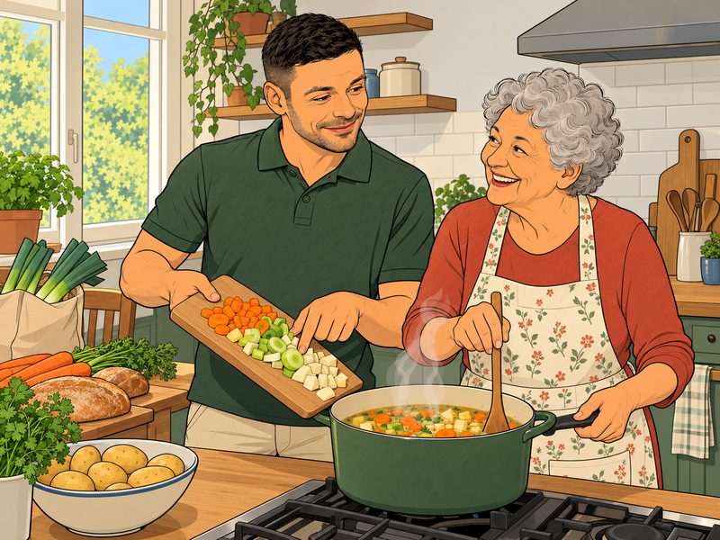 Gezeichnet: Richard Grimm und eine ältere Frau kochen zusammen in einer hellen Küche, er gibt geschnittenes Gemüse in ihren Suppentopf, beide lachen.