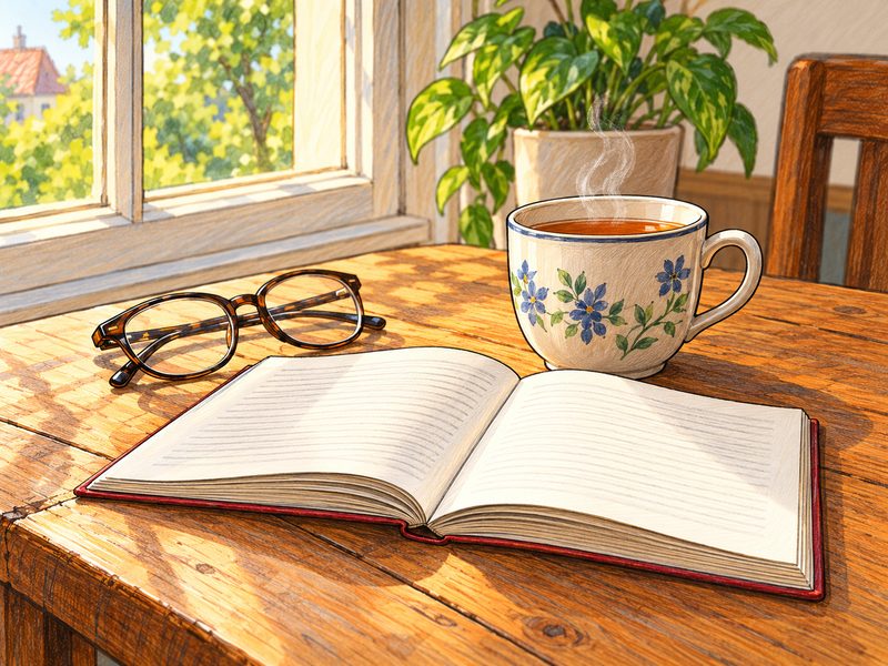 Gezeichnet: Ein aufgeschlagenes Buch, eine Brille und eine dampfende Tasse Tee auf einem Holztisch am Fenster.